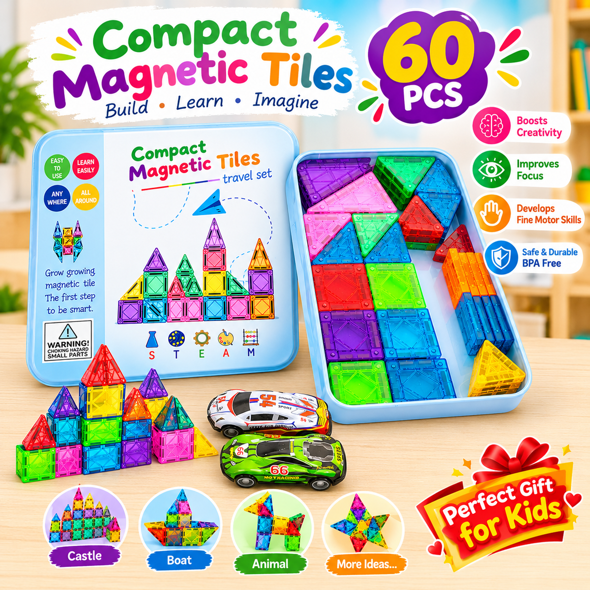 (60 Pcs) 3D Educational Magnetic Building Tiles Toy Set
