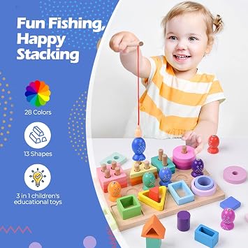 3-in-1 Wooden Fishing & Shape Matching Game