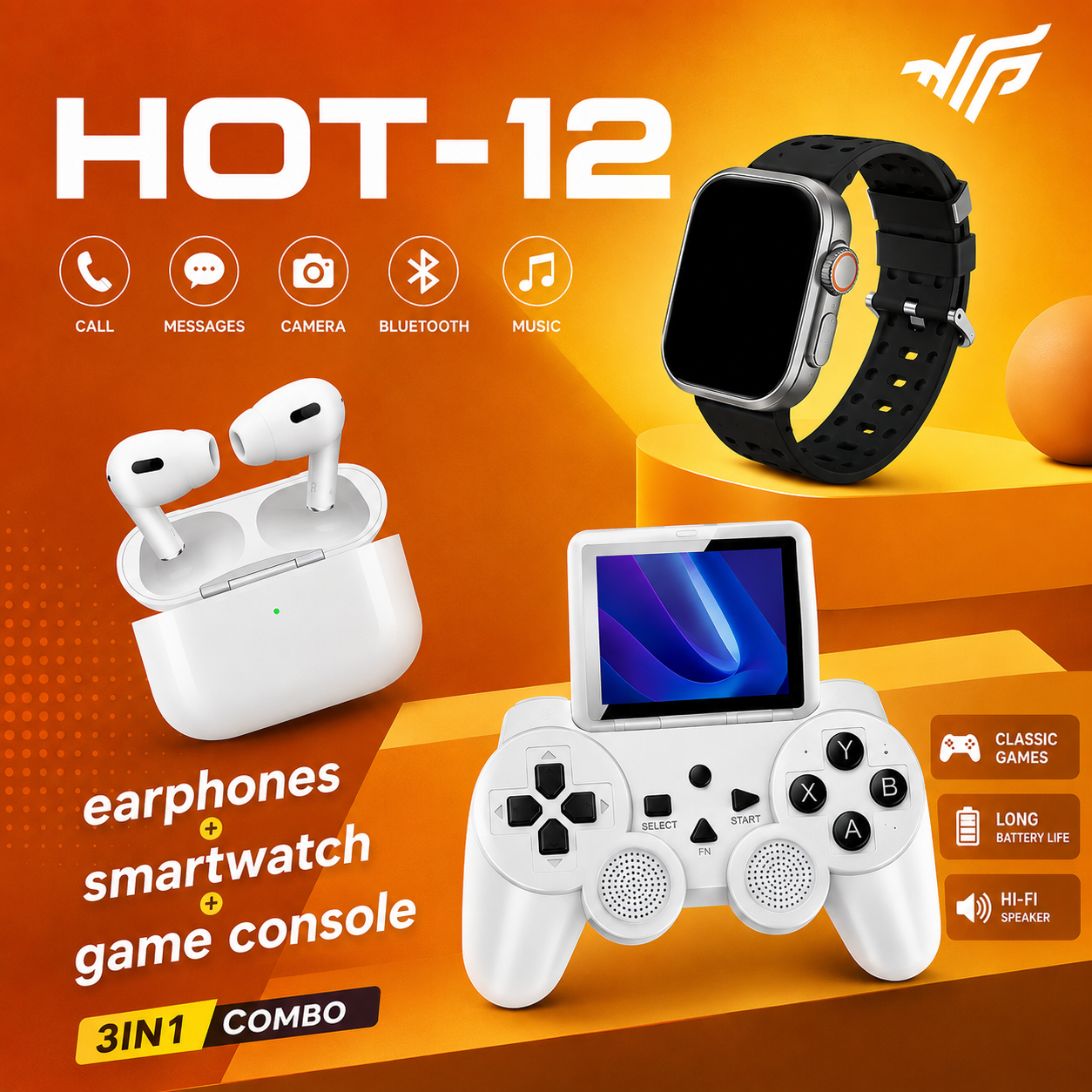 HOT-12 3in1 Smartwatch, Earbuds & Gaming Console Combo