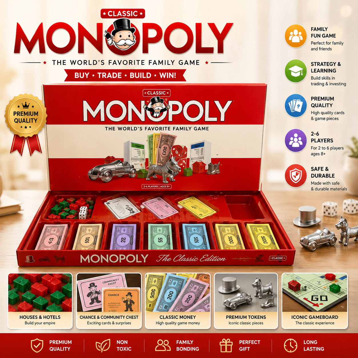 Classic Monopoly Board Game (Red Edition)