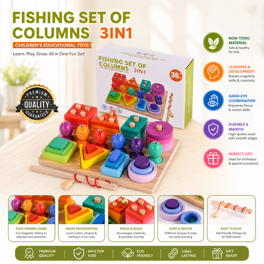 3-in-1 Wooden Fishing & Shape Matching Game