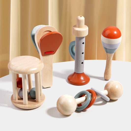 5 Pcs Wooden Baby Rattle Set – Natural Musical Toys for Infants