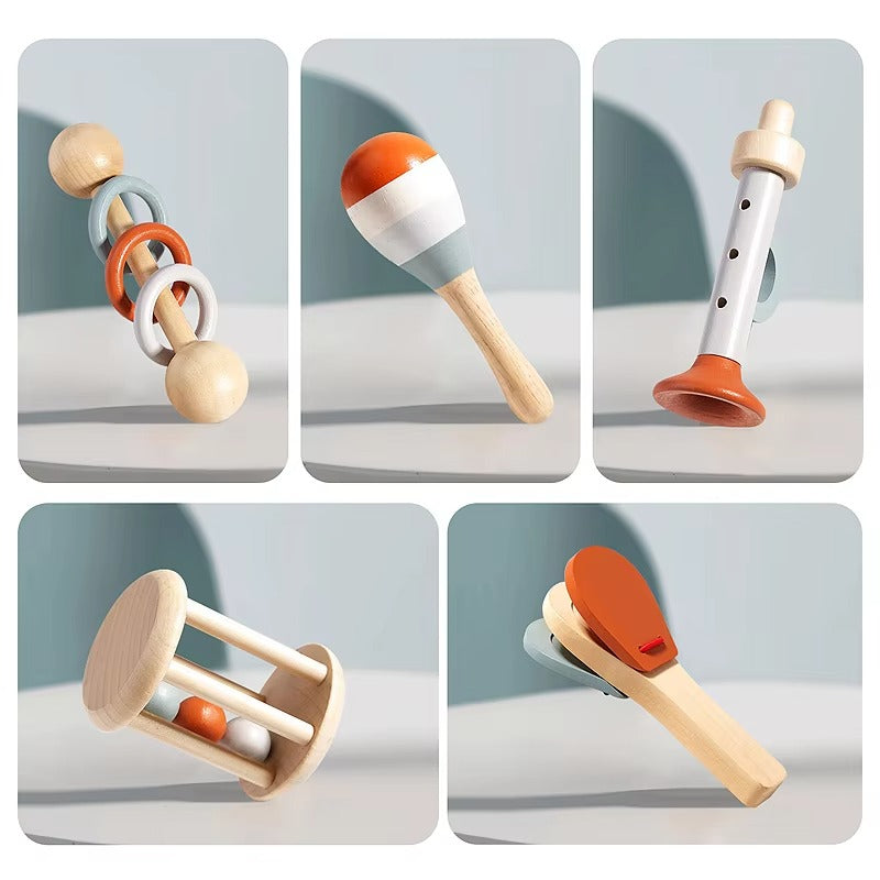 5 Pcs Wooden Baby Rattle Set – Natural Musical Toys for Infants