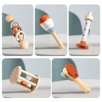 5 Pcs Wooden Baby Rattle Set – Natural Musical Toys for Infants